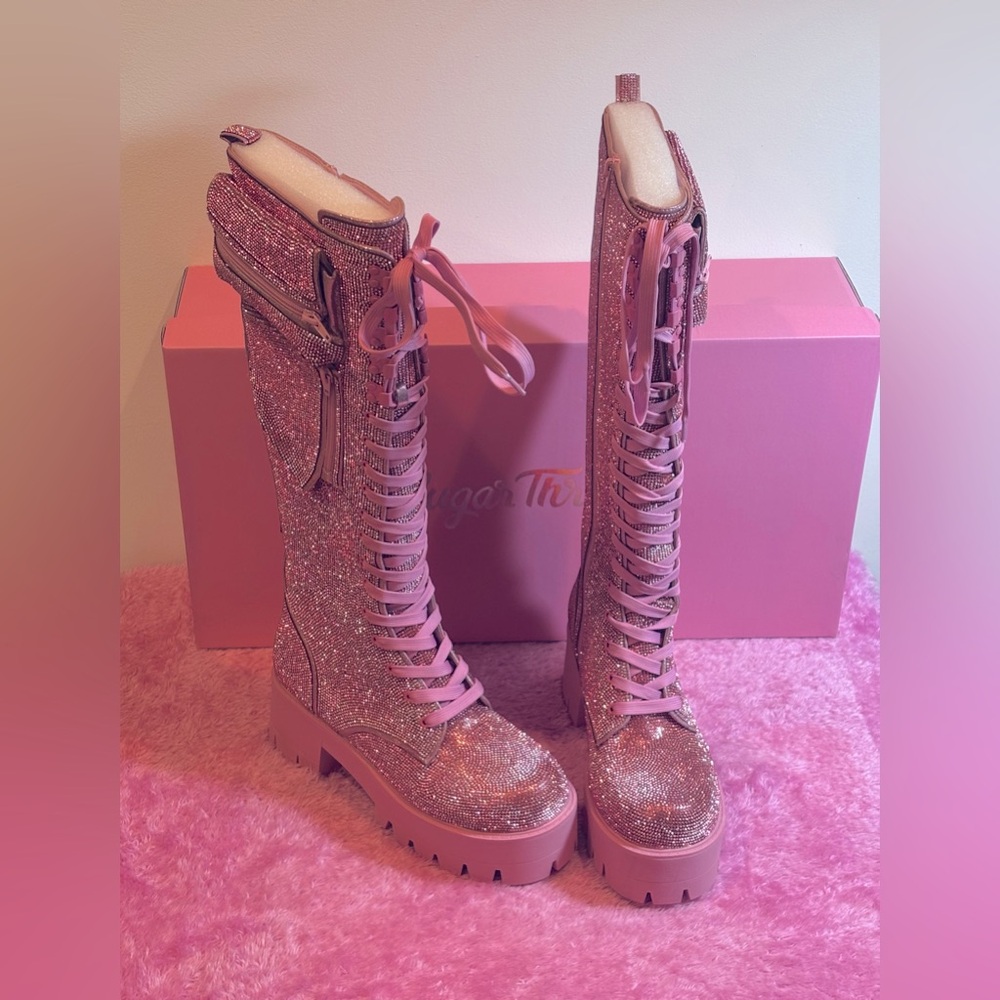 NWT Sugar Thrillz Dolls Kill Obsidian Rhinestone Knee Boots 10 Rose Gold Pink